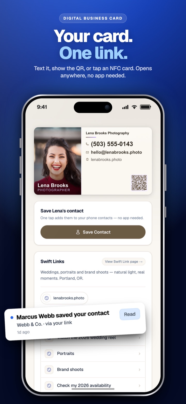 A SwiftCard as the person you meet sees it — save the contact in one tap.
