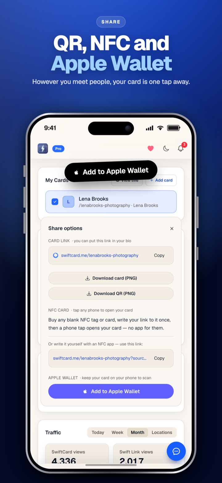 Share by NFC tap, QR code, Apple Wallet, text or link.